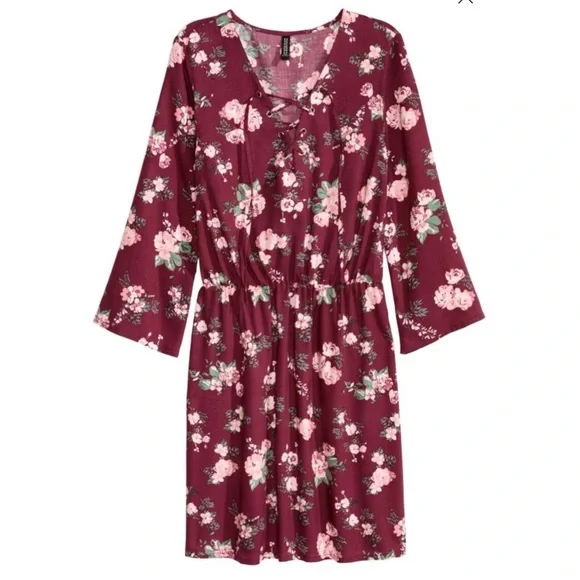 Burgundy Lace Up neck dress - Picture 2 of 7